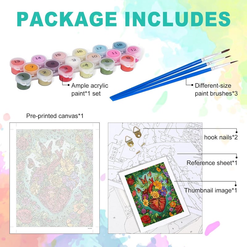 GEEHEIY Paint by Numbers Kit for Adults Beginner - Heart Adult Paint by Number Kits on Canvas, Flower DIY Acrylic Oil Number Painting for Adults, Perfect for Home Decor Gift 16x20 Inch - Image 4